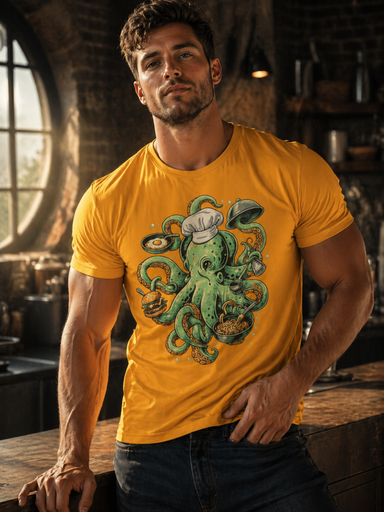 Chef Octopus Culinary Illustration T-Shirt | Risqué Nautical Cooking Design